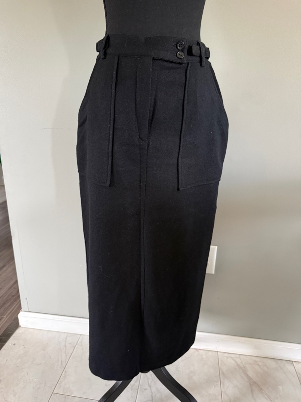 Vintage Wool Black Midi Pencil Skirt with Buttoned Waist Tabs